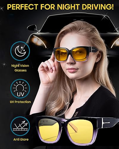 IGnaef Trendy Oversized Fit Over Night Vision Driving Glasses Anti Glare for Women Polarized Nighttime Glasses IF75112