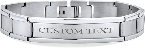 Bling Jewelry Pulsera de acero inoxidable personalizable en tono plateado con nombre de identificación para hombres Personalizar 8,8.5
