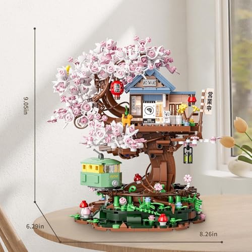 Image of SKY LINE OCEAN Cherry Blossom Treehouse Building Set with LED Light, 1098+ PCS Japanese Izakaya Shop Mini Blocks, Sakura Bonsai Architecture Model Kit for Ages 14+ | 5 Year Structural Warranty