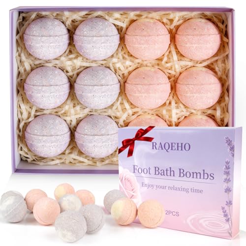 RAQEHO Foot Bath Bombs Gift Set - 12PCS Rose Lavender Aromatherapy Foot Soak Individually Wrapped with Sea Salt for Dry Cracked Softener Exfoliator Foot Spa Pedicure Supplies Birthday Mothers day Gift