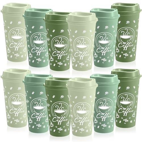 Skybooly 12 Sets Reusable Coffee Cups with Lids, 16oz, Green Series