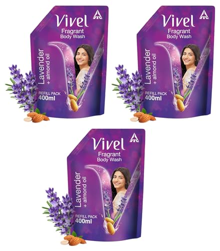 Image of Vivel Exfoliating Body Wash, Lavender & Almond Oil Shower Gel Creme, 400 ml, Liquid Refill Pouch, for Glowing and Moisturised Skin Refill Pouch, All Skin Types (Pack of 3)