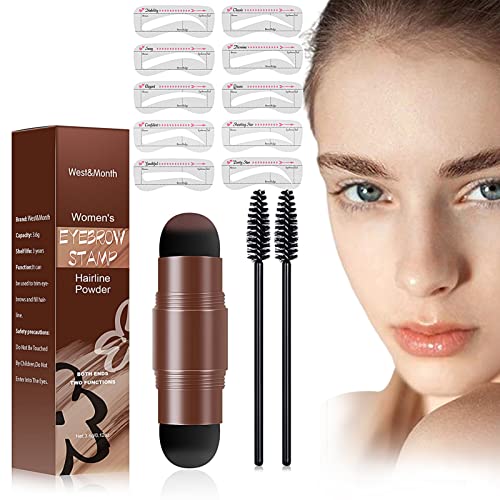 Two-Tone Eyebrow Stamp, Eye Brows Stencil Kit, Eyebrow Stamp Stencil Kit with 10 Styles Reusable Eyebrow Stencils, 2 Eyebrow Pen Brushes,Waterproof Eyebrow Powder (Dark Brown + Black)