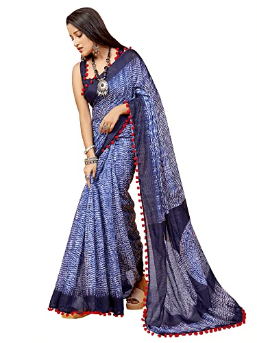 Image of AKHILAM Women's Ikat Cotton Blend Embellished Pom Pom lace Work Saree With Unstitched Blouse Piece (PUMPUM10A SR1 P)
