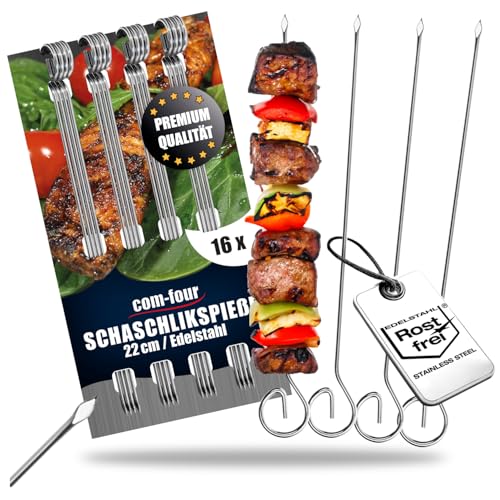 com-four® 16x Schaschlikspieße 22 cm aus Edelstahl - Lange Fleischspieße - Premium Grillspieße, Gemüsespieße im Set für BBQ, Grill, Fleisch, Schaschlik und Gemüse (22cm - 16 Stück)