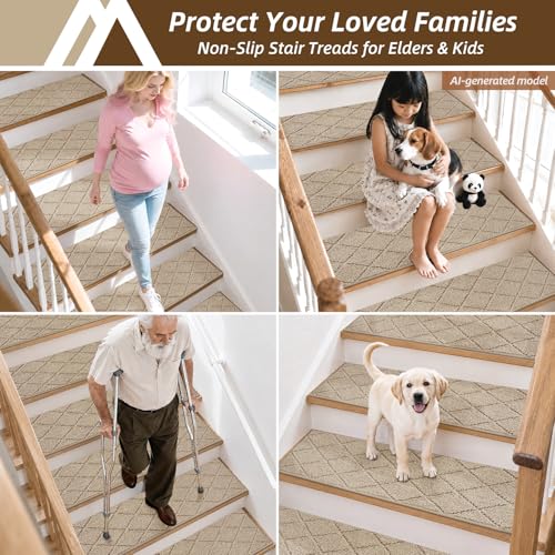 Image of COSY HOMEER Stair Treads for Wooden Steps 11 inchx30 inch Washable Indoor Carpet Stair Treads Non Slip Soft Polyester Stair Carpet Tread Reusable Stair Runner Rugs for Kids, Elders,Pets,Beige,15pcs