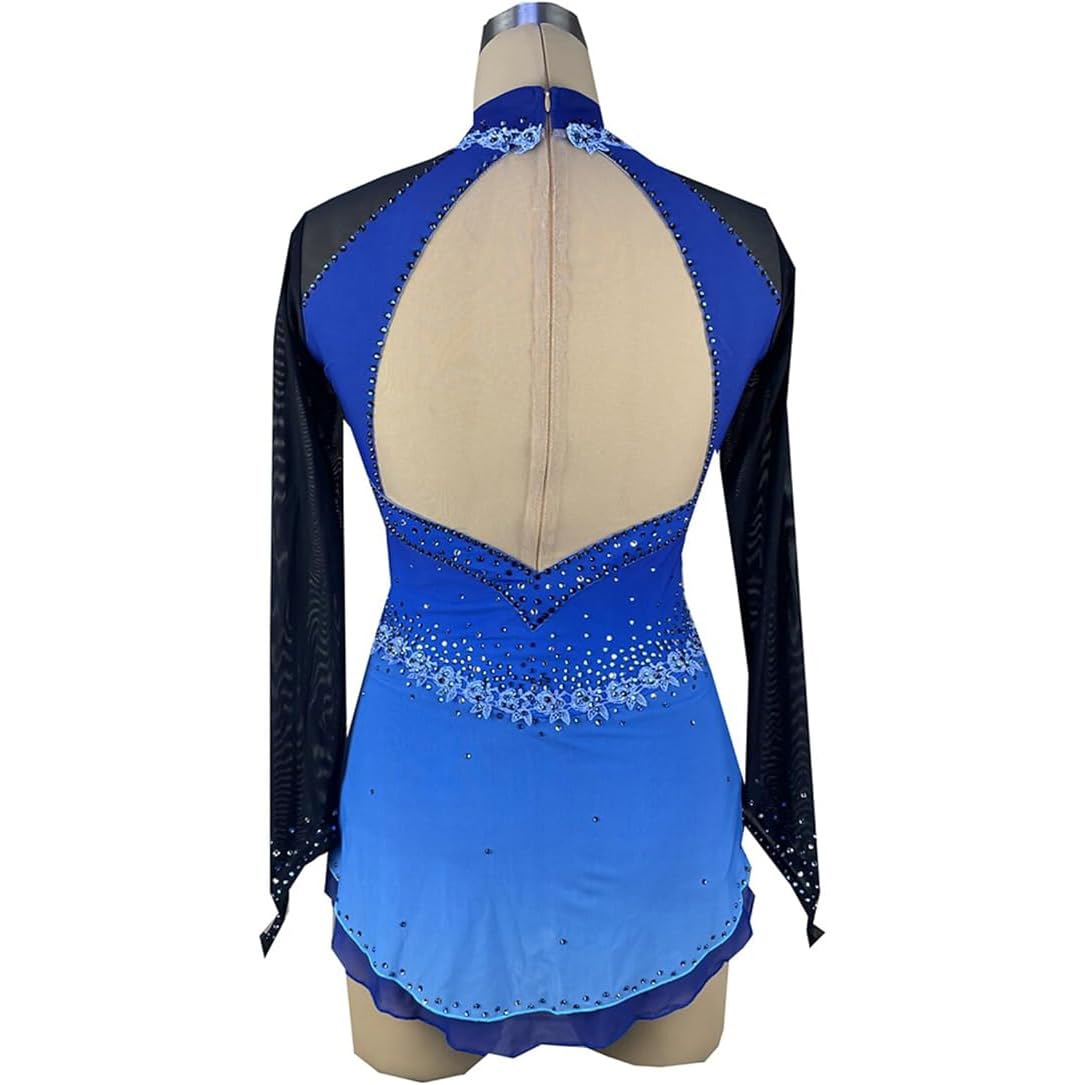 Blue,L,Hynyjxjy Sukienka do jazdy na łyżwach dla dziewczynek Ubrania do zawodów jazdy na rolkach Stroje do gimnastyki artystycznej z odkrytymi plecami Spódnica do jazdy figurowej