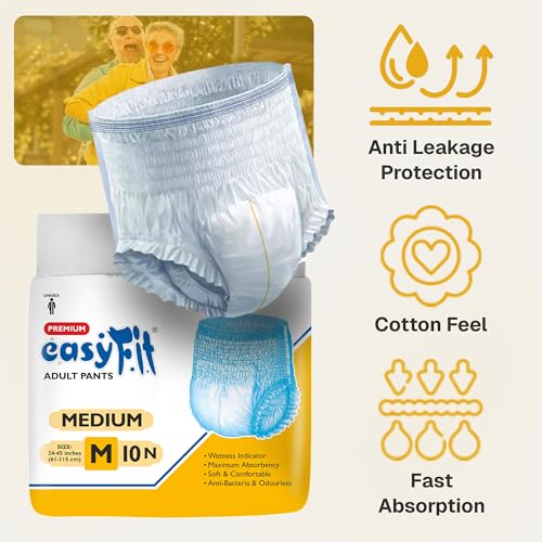 Image of Easyfit Adult Diaper Pants | 20 Count (Medium) | Waist 24-45 inch (61-115 cm) | Unisex | Leak Proof | Wetness Indicator | Overnight Protection | Elastic Waist (Pack of 2)