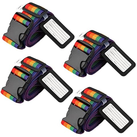 4 PCS Luggage Straps for Suitcases - Adjustable Suitcase Straps Set with Luggage Tags, 200 CM Heavy Duty Bag Straps with Quick Release Buckle for 10-30" Suitcase Travel Accessories (Rainbow) Cover