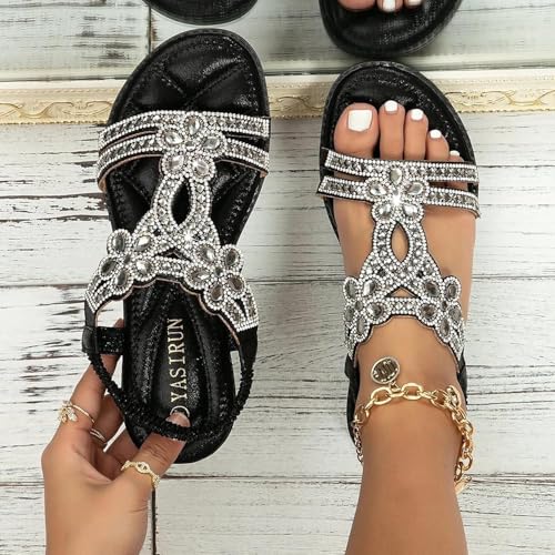 Women Rhinestone Sandals T-Strap Elastic Strap Beaded Sparkly Bling Bohemian Crystal Flat Sandal Thong Ankle Strap Summer Gladiator Sandal A-Black,7.5