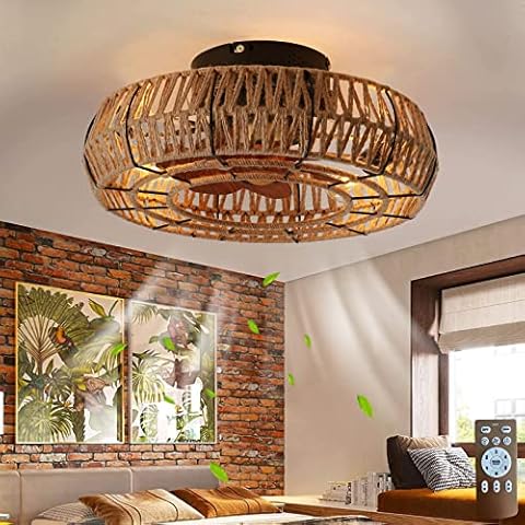 Letmarey 20" Caged Ceiling Fans with Lights and Remote, Boho Flush Mount Ceiling Fan with Light, Low Profile Chandelier 6 Speed Bladeless Reversible Ceiling Fan w/ 4 Bulbs. for Living Room Bedroom. Cover