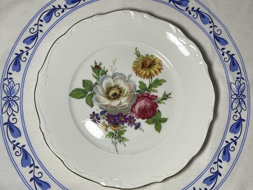 Assiette en porcelaine MPM Saxonia de 17 cm avec fleurs et bordure dorée, peinte à la main.