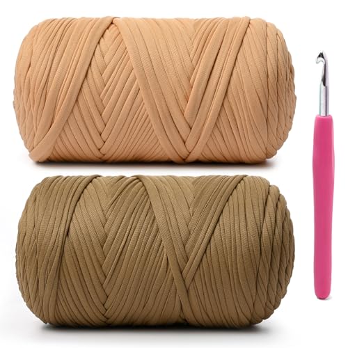Image of 2 Pack Soft Tshirt Crochet Yarn, 800g /228 yds High Elastic Hand Knitting Yarns, Thick T Shirt Yarn for Crocheting Bags, Baskets, Cushions, DIY Crafts(Light Tan+Deep Khaki