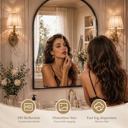 Image of 24 inchx36 inch Arched Black Bathroom Mirror - Metal Framed with HD Shatter-Proof Glass, Wall-Mounted for Over Sink, Entryway, Living Room, Bedroom