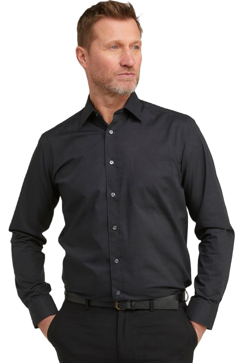 Double TWO Men's Tall Fit Long Sleeve Formal Shirt for 6ft 4 + - Extra Long Sleeves & Longer Body, Business Office Dress Shirt, Classic Collar, Chest Pocket, Black, 19.5