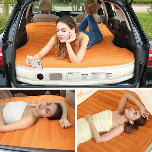 KMZ SUV-Luftmatratze mit eingebauter Pumpe und 2 Kissen, Dickes flockiertes PVC, schnelle 90-Sekunden-Inflation, tragbare und langlebige Auto-Luftmatratze für Camping, Reisen, LKW