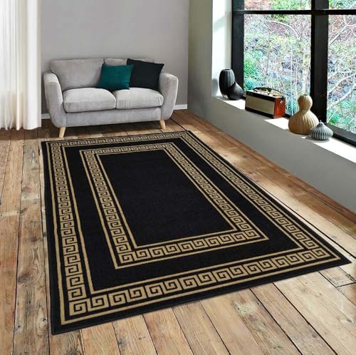 Image of Matz&More Greek Double Line Rug | 100x150 CM | Black Gold | Soft Nylon Loop Pile with Anti-Slip Gel Backing | Living Room, Bedroom & Office Floor Carpet