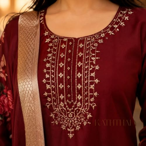 Image of Kaththai Women Embroidered Kurta and Pant Set with Dupatta | Ethnic Suit Set for Women | Floral Printed Organza Dupatta | Festive, & Traditional Kurta Set