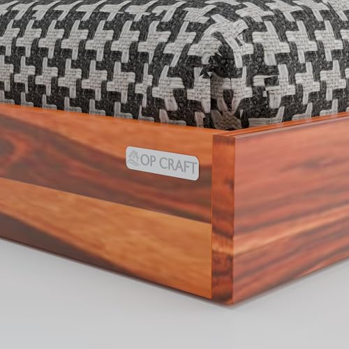 Image of Solid Wood Low Floor Bed with Upholstered Headboard | Modern Platform Bed Frame for Bedroom | Strong & Durable Wooden Bed with Cushion Backrest (Honey Finish)