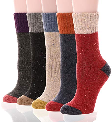 Womens Wool Fuzzy Socks Cabin Thick Heavy Thermal Warm Winter Crew Socks For Cold Weather 5 Pack (Multicolor)