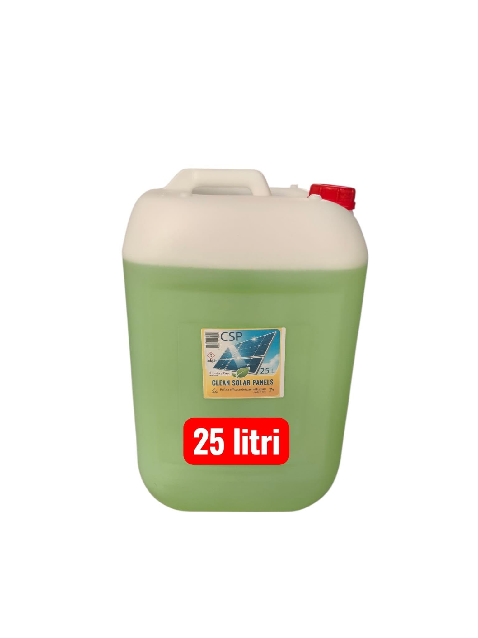 CSP Clean Solar Panels Detergente Specifico per Pannelli Solari, 25 L, Pulisce Polvere, Escrementi Animali, Calcare, Terra, Pronto all'Uso, Senza Ammoniaca Made in Italy
