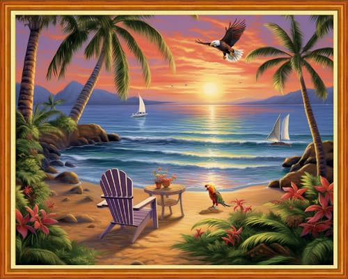 Image of Dooxvey Cross Stitch Kits for Adults Beginners,Full Range of Cross-Stitch Stamped Kits Needlepoint Kits for Beginners Embroidery Kits 11CT Cross Stitch Patterns-Rest by the Seaside 16x20 inch