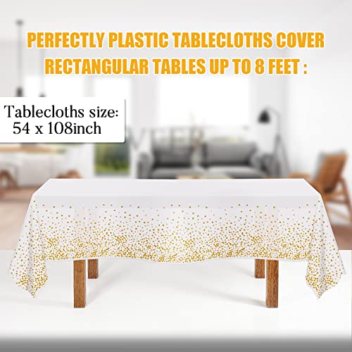 Image of Tablecloths for Rectangle Tables,3 Pack 54 inch X 108 inch Plastic Table Cloth Disposable Table Covers Engagement Party Decorations, White Gold Dot Tablecloths Disposable Tablecloth for Weddings Buffet Tables