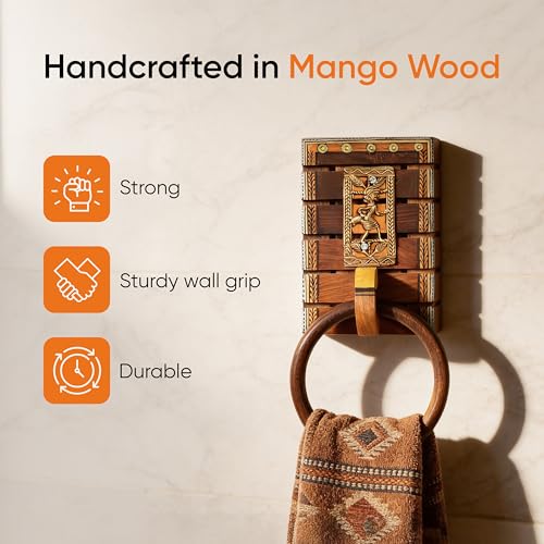 Image of Aakriti Art Creations Dhokra Art Wooden Towel Holder | Handcrafted Bathroom Towel Hanger with Tribal Metal Art | Matte Finish Brown Wall Mounted Towel Ring for Bath & Wash Area