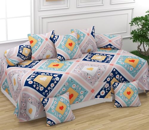 Image of Cotton 8 Piece Diwan Set 1 Bed Sheet 2 Bolster Cover 5 pcs Cushion Cover (Multi dil)