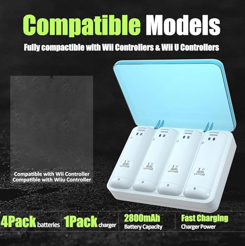 Image of Charger Station Compatible with Wii U Remote Battery & Wii Battery Pack, 4Pack Rechargable Batteries Compatible with WiiU Wii Remote Controller