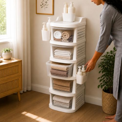 Image of PrettyKrafts 5 Tier Plastic Storage Drawer Cabinet with Wheels /Modular Storage Drawer Organizer with Side Basket & Integrated Handle /Plastic Storage Trolley Rack for Home /Kitchen /Office /Books