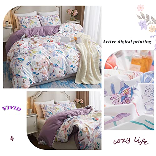 VM VOUGEMARKET Purple Floral Birds Duvet Cover Set,Botanical Flower Plants Pattern Bedding Set in Lilac with Zipper Closure No Comforter(3pcs, Queen Size)
