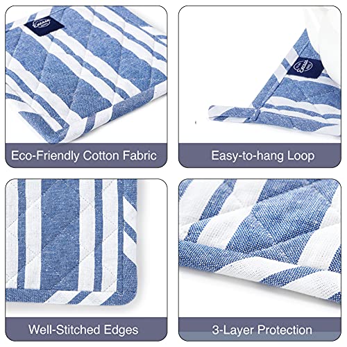 Image of Encasa XO Oven Microwave Pot Holders Trivets 21 cm (4 pc) for Kitchen Cooking & Baking - Heat Resistant, Thick & Safe, Protection of Hands from Hot Utensils, Grill, BBQ - Franca Blue Stripes