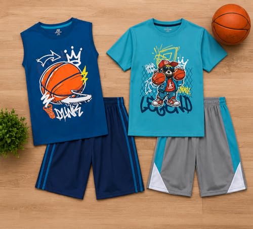 Image of Pro Athlete Boys Short Sets - 4 Piece Performance Graphic Tees and Tank Tops with Matching Boys Athletic Shorts (Sizes: 8-16)