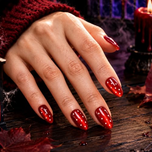 Image of Beetles Red Press On Nails Short Almond, Halloween Cat Eye Polka Dot | 32 PCS 16 Sizes False Nails, Glue & Adhesive Tabs Included, Salon-style Manicure in 10 Minutes, All-in-One Complete Kit