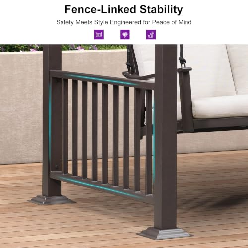 Image of PURPLE LEAF 3-Seat Porch Swing with 12 Clear LED Lights Outdoor Metal Pergola Swing Hanging Cloud Swing Chair for Backyard Garden Patio Hammock Swinging, Cushion and Pillows Included, Coffee