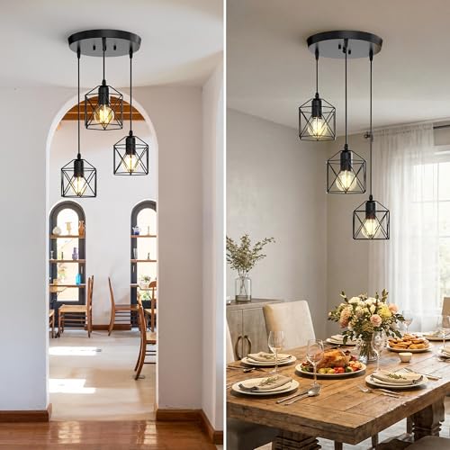 Phaosio 3 Light Pendant Lighting, Farmhouse Hanging Light Fixture for Kitchen Island & Dining Room, Industrial Vintage Ceiling Lamp with E26 Base, Adjustable Height, Matte Black by Phaosio - Image 8