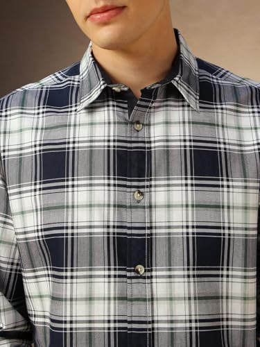 Image of Dennis Lingo Men Blue Checks Cotton Regular Fit Full Sleeve Shirts