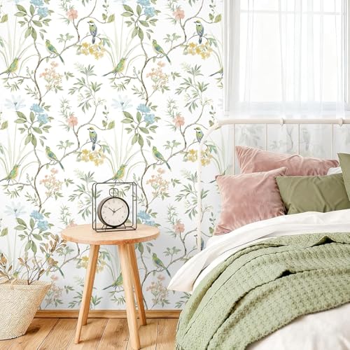 Image of Wallpaper Peel & Stick Floral Vintage Flower Leaf Botanical Bird Elegant Pattern Designs Tropical Watercolor Contact Paper Wall Home Decor Vinyl Self Adhesive Removable Wallpaper Waterproof 16.5&87IN
