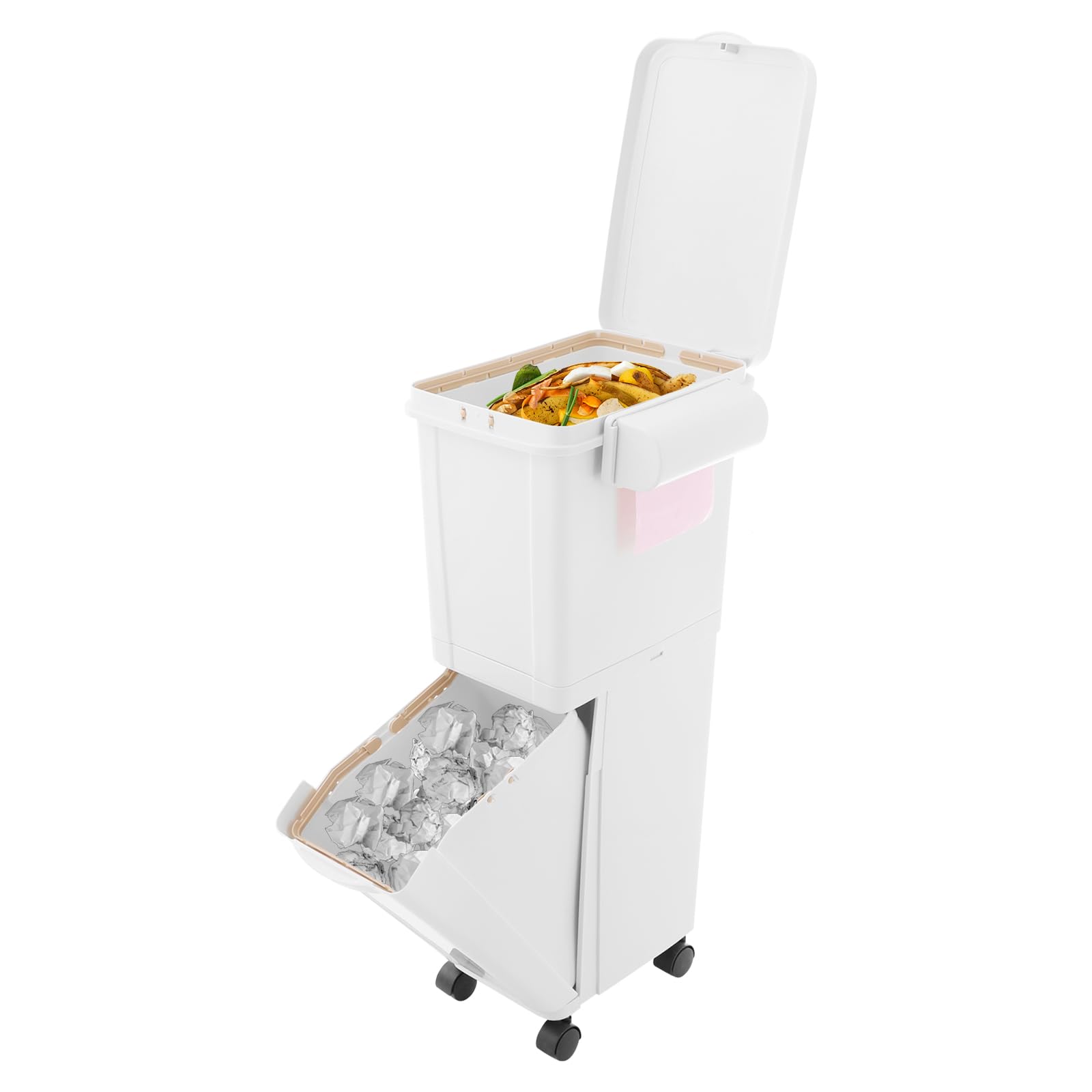 Poubelle estrecha de 32 l, con ruedas, 24 x 36 x 78,5 cm, en polipropileno, blanca, con 4 ruedas universales y clasificación de residuos, papelera ergonómica de 32 l, para espacios de cocina estrechos
