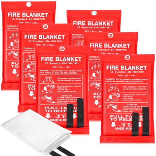 Macarrie 6 Pack 39” x 39” Fire Blanket Emergency Fire Blanket for Home and Kitchen Suppression Blanket Safety Fiberglass Fireproof Blanket Survival for Fireplace Car Office Camping (Red)