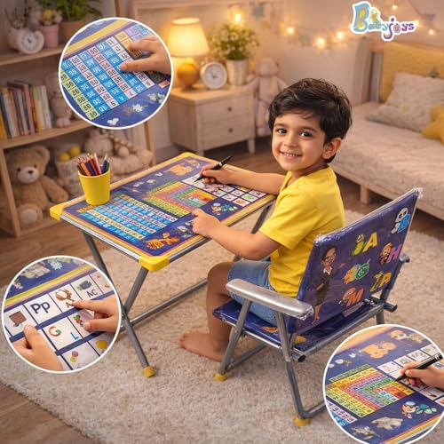 Image of Ultimate Kids Study Table and Chair Set | Foldable Metal Frame Study Desk for Kids | Portable Table Chair for Study, Homework, Drawing & Learning | Strong Children Desk (Blue)