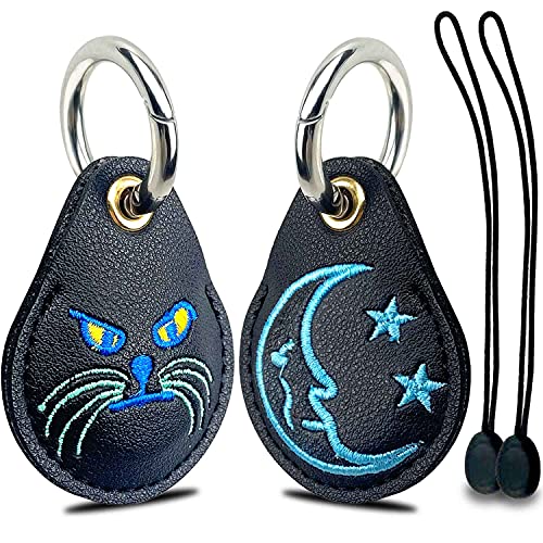Leather Holder with Keychain for Airtag, 2 Pack Waterproof Full Protective Cover, Airtags Enclosed Case, Apple Tracker Enclosure Accessories, Air Tag Mate Case with Embroidery Pattern (Cat & Moon)