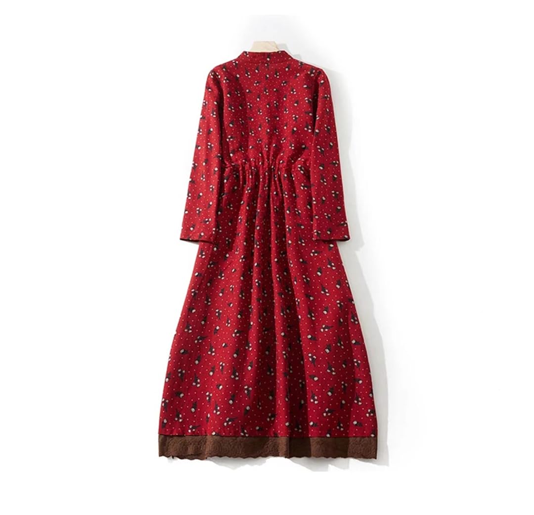 Vestido de retazos con estampado floral para mujer, de manga larga, cuello redondo, con cordón, casual, vestido midi, café, XXL