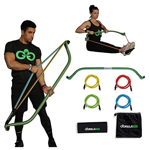 Gorilla Bow Portable Home Gym Resistance Band System, Weightlifting and HIIT Interval Training Kit, Full Body Workout Equipment (Original Green)