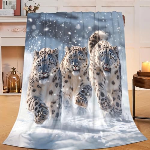 Sweetfox Schneeleopard-Decke, Leoparden-Dekor, Tier-Überwurf, Decke, Geschenke für Mädchen und Jungen, super warm, weich, Plüsch, leicht, Fleece-Flanell, Winter, Couch, Bettwäsche, Decken für Kinder