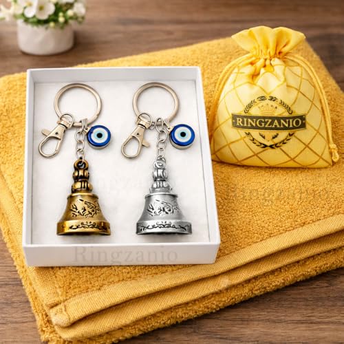 Image of Guardian Bell Keychain for Bike and Car | Tibetan Bell Keychain with Evil Eye | Good Luck Charm | Ghanti for Bike | Guardian Bells | Gift for Men | Protection Charm 2 Pcs Combo