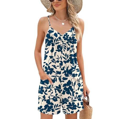 Rapbin Womens Summer Casual Sleeveless Rompers Spaghetti Strap Adjustable Loose Shorts Jumpsuit with Pockets