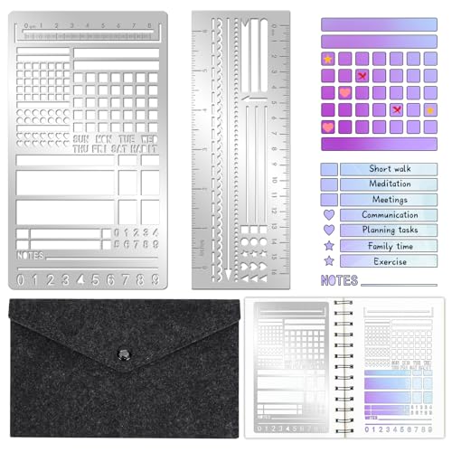 2 Pcs Metal Planner Stencil Bookmark for Bullet Journal with Storage Bag Stainless Steel Journal Stencil Bookmark Planner Ruler Mental Record Templates for Checklist Calendar DIY 2.5 x 7 in/4 x 7 in