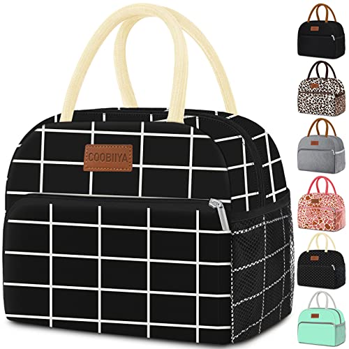 Coobiiya CO-LB-HGW-10 Lunch Bag Women, Lunch Box Lunch Bag For Women Adult Men, Small Leakproof Cute Lunch Tote Large Capacity Reusable Insulated Cooler Lunch Container For Work/Office/Picnic/Travel-Black Plaid cover